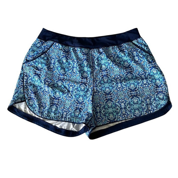 Lands End Swim Shorts Blue Print Size 24W Pockets Stretch 5” Inseam Quick Dry - Picture 1 of 9